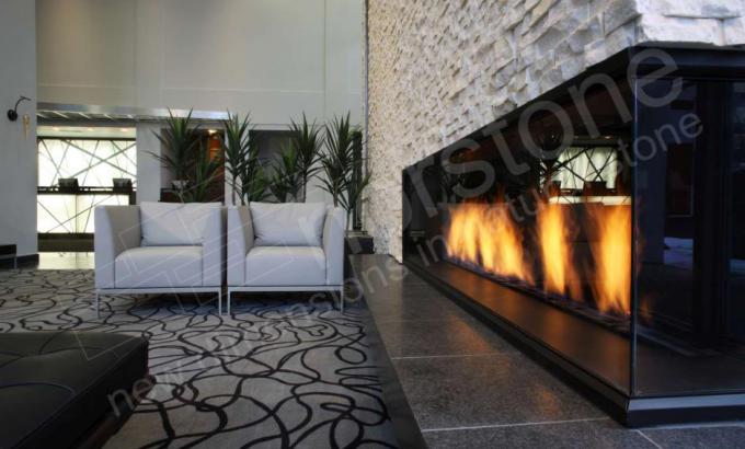 White Stone Veneer Fireplace in lobby of Matrix Hotel in Edmonton, Alberta, Canada